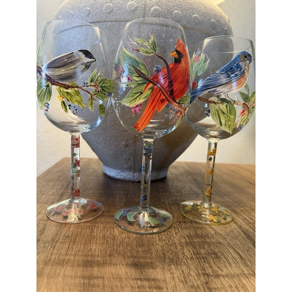 Wine Glasses Stemmed Vintage Hand Painted Songbird Blue Jay Cardinal Set of 3